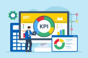 Illustration of a KPI dashboard with charts and graphs on a computer screen, with a person holding a laptop in front of it.
